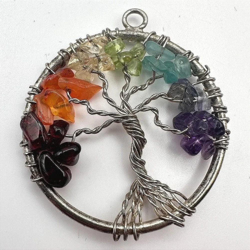 Vintage 90s Silver Tone Tree of‎ Life Pendant Beaded Women's Classic Jewelry